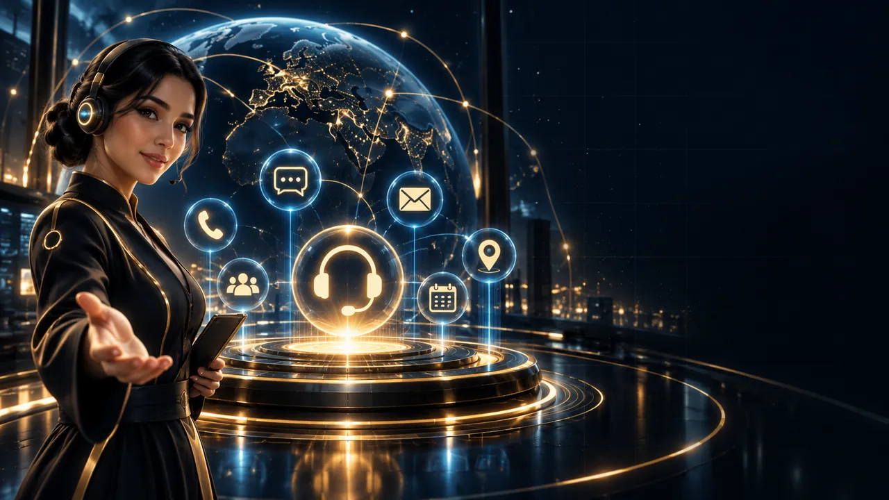 موظفة دعم من فريق الأكاديمية ترحب بك وحولها قنوات التواصل