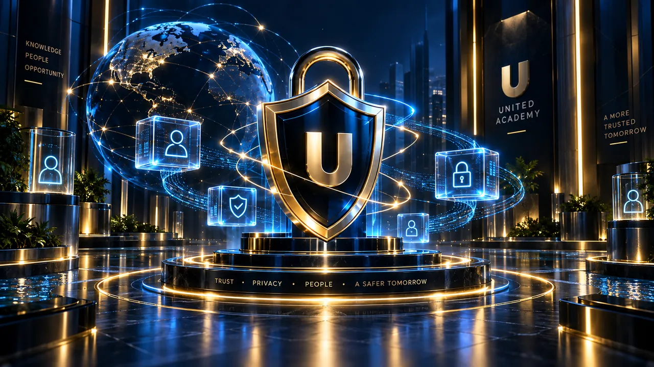درع United Academy الذهبي بقفل فوقه وحوله أيقونات الحسابات المحمية